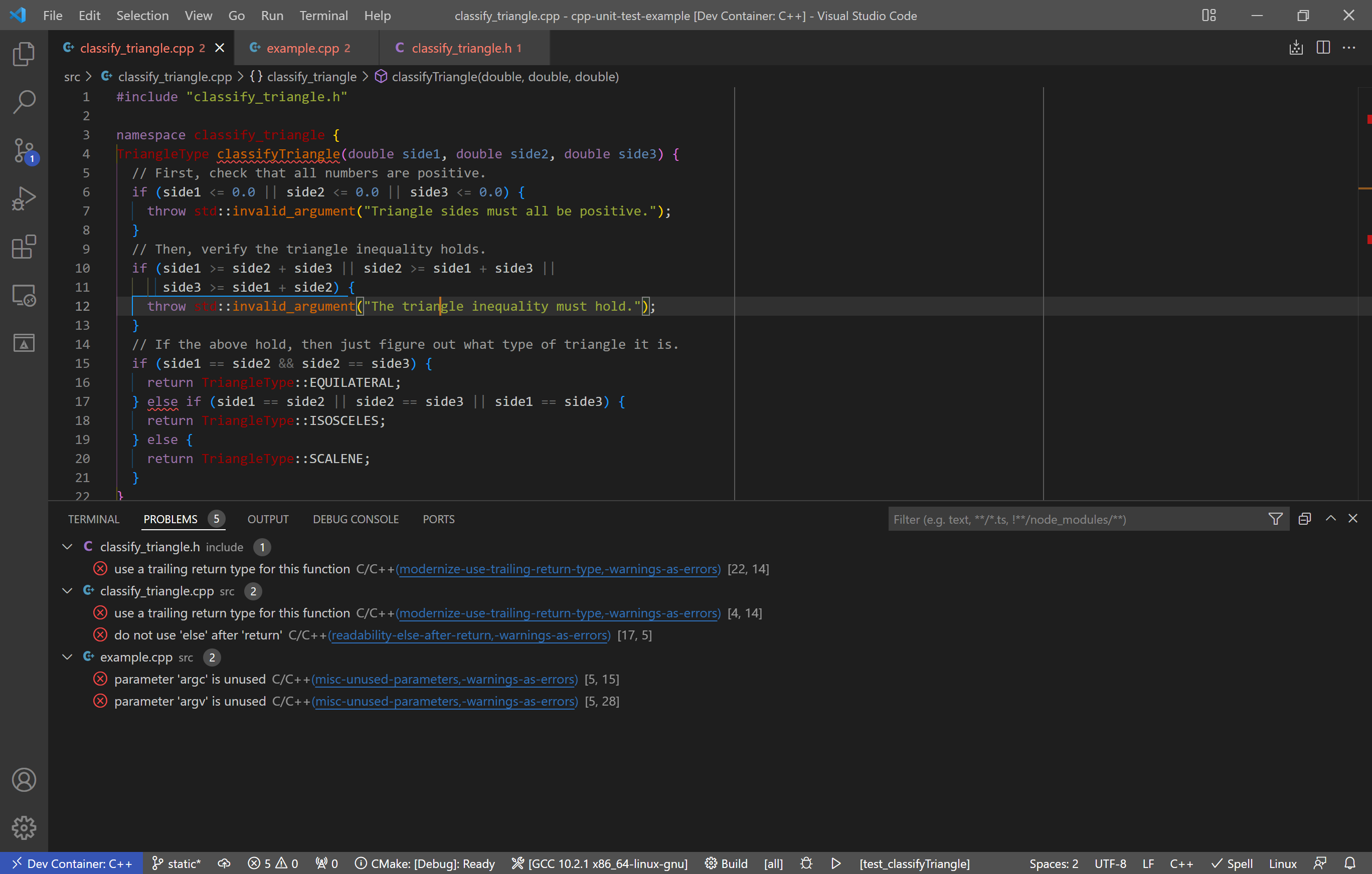 A screenshot of VS Code showing a C++ file with associated warnings and errors produced by clang-tidy.