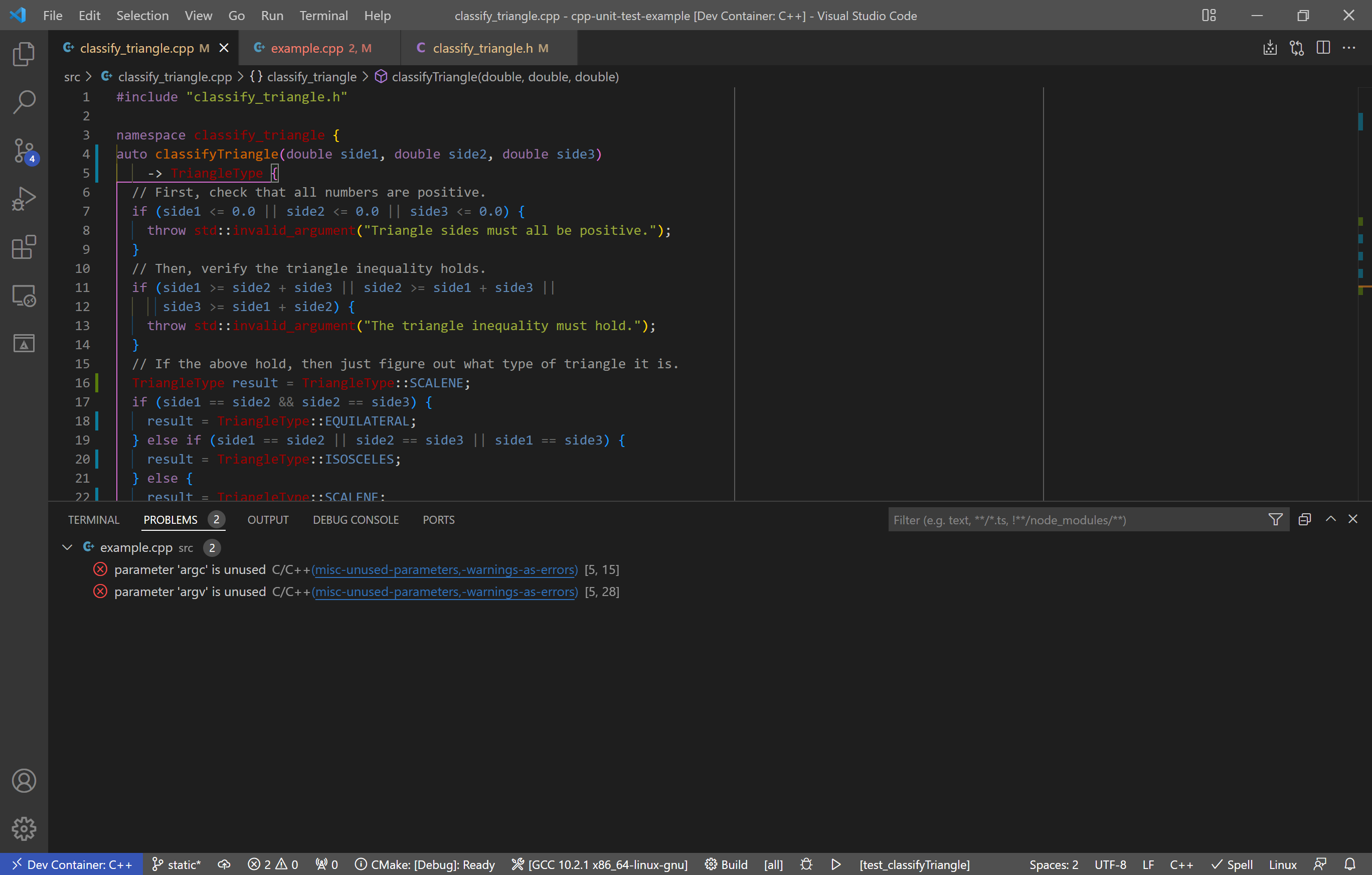 A screenshot of VS Code showing a C++ file with associated warnings and errors produced by clang-tidy.