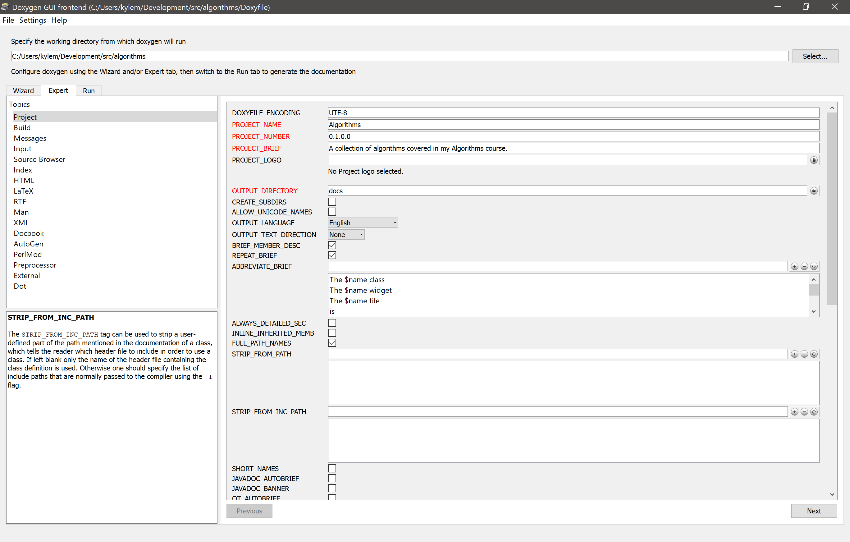 One of the setting groups within Doxygen's GUI